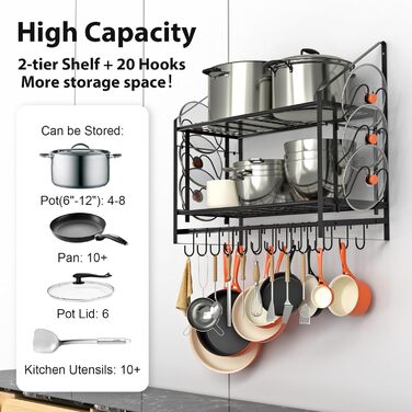 Hanging Pot Rack, 2 Tiers, Pots and Pans Organizer, Wall Mount, with 20 Hooks and 6 Lid Holders, Sturdy Steel Pot and Pan Hanger for Kitchen, Cookware, Utensils