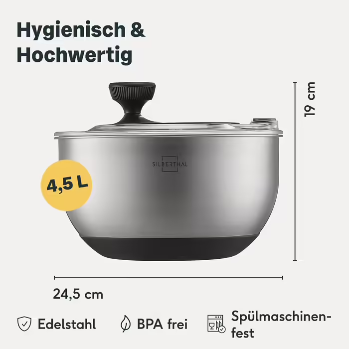 Stainless Steel Salad Spinner 4.5L Large & Non-Slip Bottom - Salad Spinner with Crank Mechanism & Stop Button - BPA-Free & Dishwasher Safe