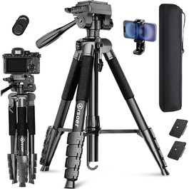Штатив для камери 175 см, алюмінієвий відеоштатив з Fluid-головкою для Sony/Nikon/Canon, легкий штатив для телефону з 2 QR-пластинами, обертовий тримач для телефону/пульт дистанційного керування, для TikTok, Vlog (Чорний-175)