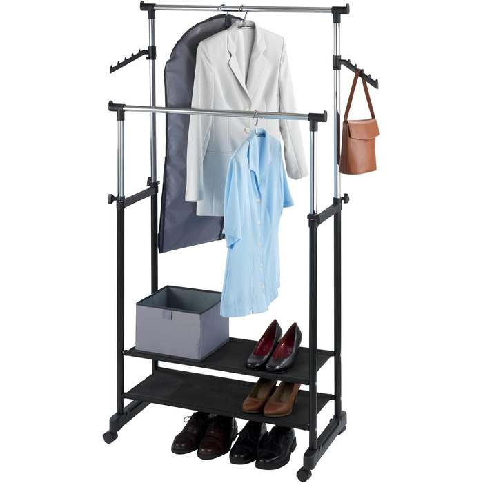 WENKO Clothes Rack Folding, Clothes Storage with Adjustable Clothes Rail and Wheels, Plastic/Metal, 88 x 100-168 x 11-49 cm, Chrome/Grey (169 x 43 x 89.5 cm)