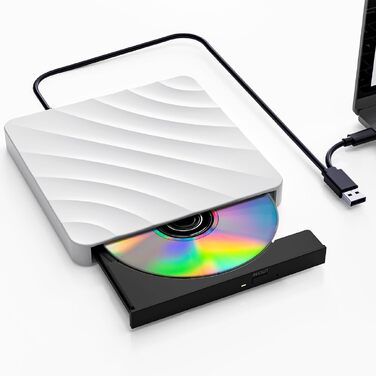 Зовнішній DVD/CD привід USB: DVD-брунер та оптичний накопичувач для ноутбука та ПК, підтримка +/-RW ROM, сумісність з Windows, MacOS, Linux (білий)