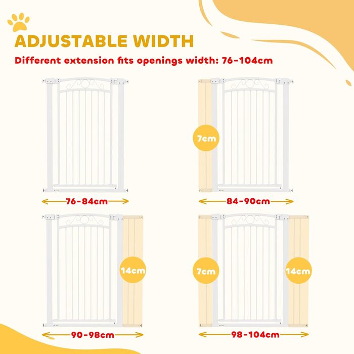 PawHut Бар'єр для собак, ворота з регульованою шириною 76-104 см, захисний ґрат для собак з 2 розширеннями, подвійний замок та маленькі дверцята для сходів та дверей, білий