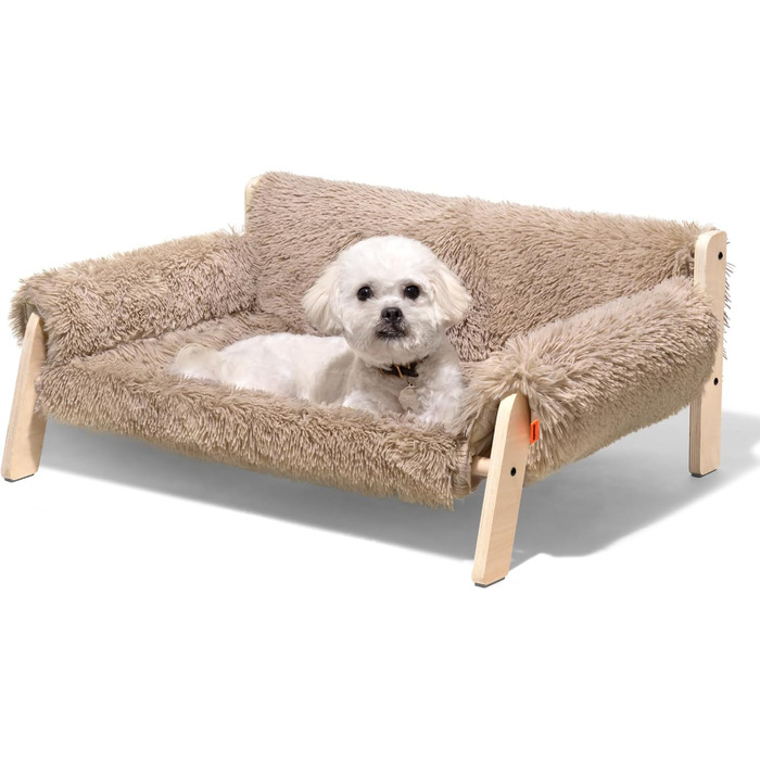 MEWOOFUN Elevated Cat Bed Sofa made of Wood, Sturdy Large Cat Sofa – Fashionable Cat Stool with Removable Mattress Cover. Supports up to 10 kg (70x53cm, Light Brown)