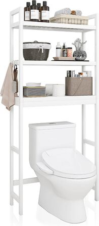 SMIBUY Toilet Shelf, Bamboo Toilet Rack, Adjustable Washing Machine Shelf, Bathroom Shelf with 3 Storage Shelves, Space-Saving, Easy to Assemble, White