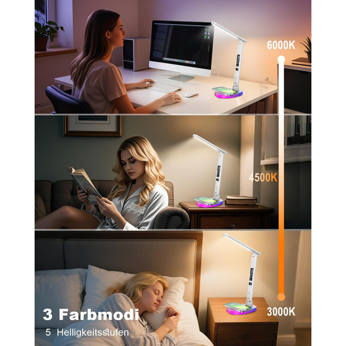 Настільна лампа CCHKFEI з регулюванням, годинником, LED-дисплеєм, бездротовим зарядним пристроєм 10W та USB-портом, 3 режими кольору, датчиком температури та RGB-підсвічуванням для читання, дому та офісу