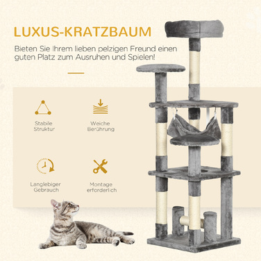 PawHut Дряпкач для котів з платформами, гамаком, стійкий, котячий комплекс, сірий, розмір L40 x Ш40 x В132 см | Aosom