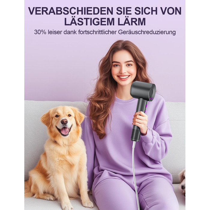 Іонний фен DMTIVMG з потужним мотором 150 000 об/хв, 200 млн негативних іонів, 4 температурні режими, 3 швидкості, швидке сушіння, магнітне сопло, тихий