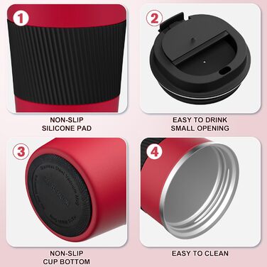 Термокружка для кави з кришкою, 380 мл, з подвійними стінками, з нержавіючої сталі, червоно-чорна