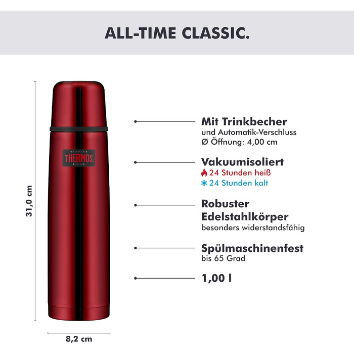 Термос Thermos Light & Compact 1.0 л, сталевий ізоляційний флакон для напоїв (24г ст. гарячого/холодного), з чашкою та автоматичним клапаном, Cranberry Red Polished