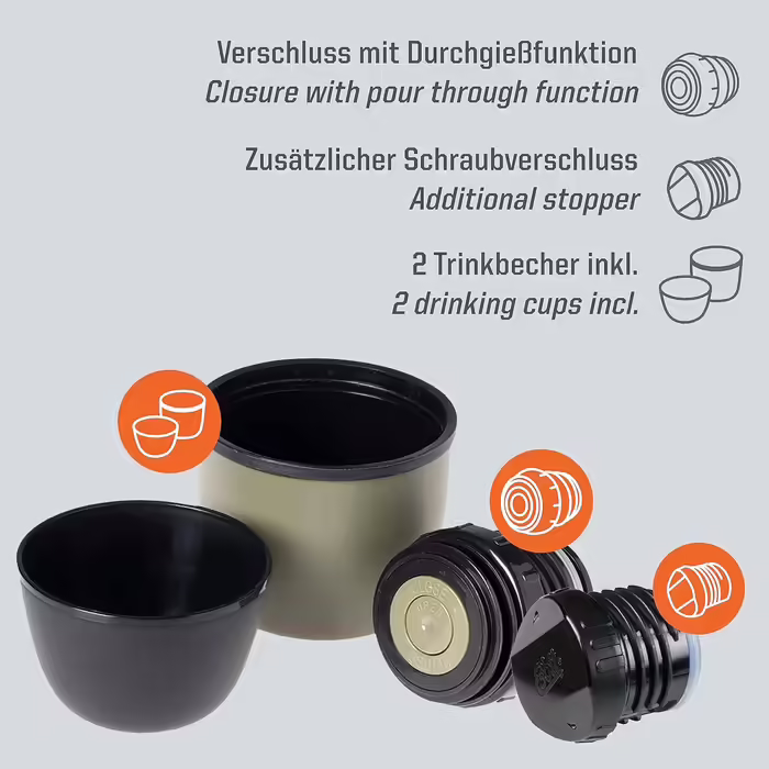 Esbit Classic Insulated Flask - Thermos for hot & cold - Thermos with 2 cups - Stainless steel drinking bottle - Leak-proof - Stainless steel