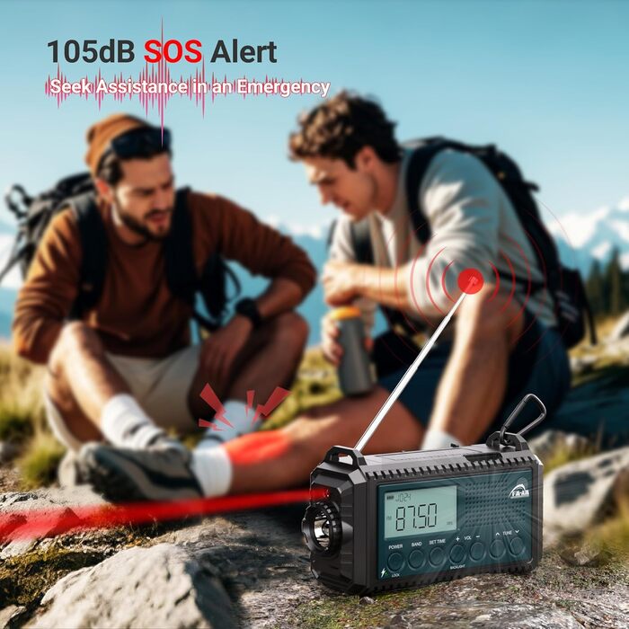 Радіо на ручному привіді AM/FM/SW з акумулятором 12000mAh, ліхтарик та SOS-сигнал, для туризму та кемпінгу, блакитне