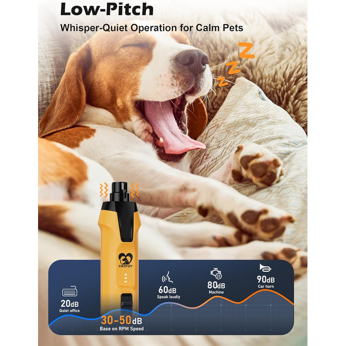 Електричний точилка для собачих кігтів Casfuy 6-Gang з потужним мотором 4.8V, тиха, з LED-підсвіткою та збирачем пилу. Ідеальний інструмент для догляду за домашніми тваринами.