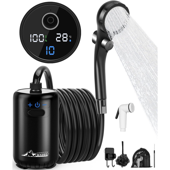 WADEO Portable Camping Shower Battery with Pump, Camping Shower with Rechargeable 6000/8000mAh Battery, Mobile Showers Outdoor Showers with Shower Head and Hose, for Camping, Travel, Garden, Car Washing (Black, 10 Gänge and with Double Digital Display)