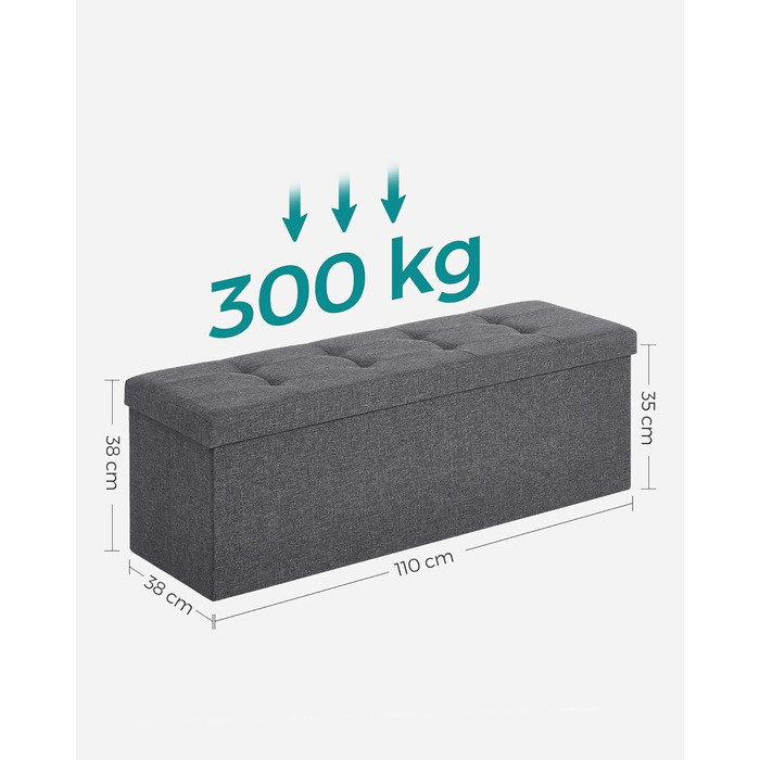 SONGMICS Storage Ottoman, Folding Bench, 38 x 110 x 38 cm Footstool, Storage Box, Load Capacity up to 300 kg, for Living Room, Bedroom, Entryway, Slate Grey LSF77K 110B cm Slate Grey