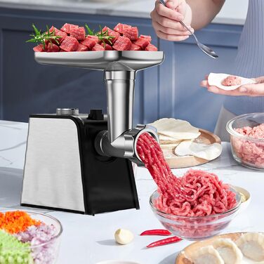 Електрична м'ясорубка з насадкою для ковбас, 3 в 1, нержавіюча сталь - професійна м'ясорубка та машина для ковбас з 3 насадками, 2 формами для фрикадельок, 2 лезами з нержавіючої сталі та 3 дисками для фаршу