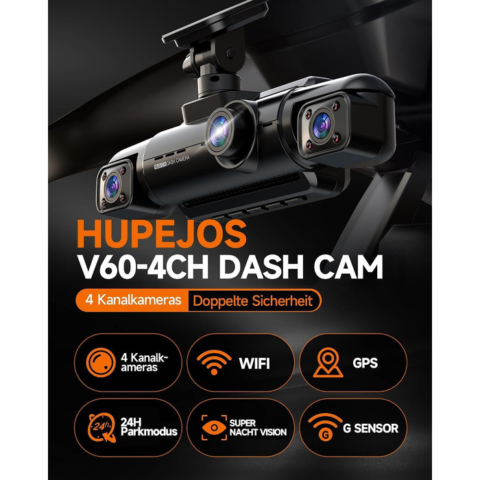 Автомобільний відеореєстратор HUPEJOS 4K+1080P, 4-канальний огляд 360°, з голосовим керуванням та GPS, V60