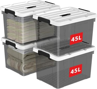 45L x 4 Plastic Storage Box, Tote Box, Organizing Container with Durable Lid and Secure Latching Buckles, Stackable and Nestable, 4-Pack, Transparent Black with Black Buckle