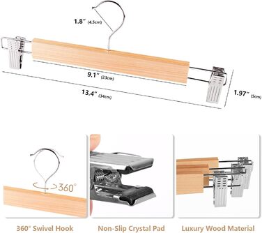 10 дерев'яних вішалок для одягу 35 см, міцні вішалки для штанів, з поворотним гачком 360°, металеві вішалки для одягу, економія місця, з антиковзними кліпсами для штанів, шкарпеток, спідниць (колір дерева)
