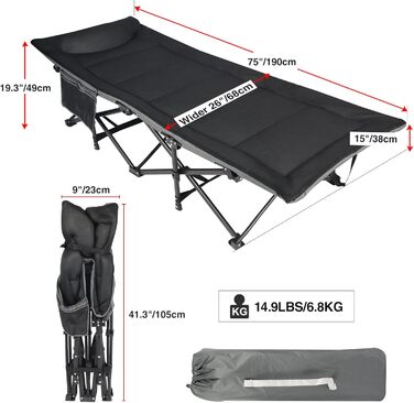 Кемпінгове ліжко REDCAMP XL з матрацом для дорослих, 226 кг, широке, розкладне, для відпочинку на природі, для гостей, для офісу, чорне