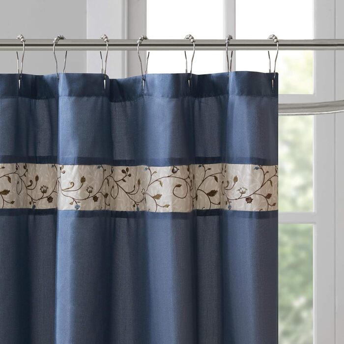 Штора для душу Madison Park Serene Flora, бавовна, вишивка, 72x72 см, колір Navy