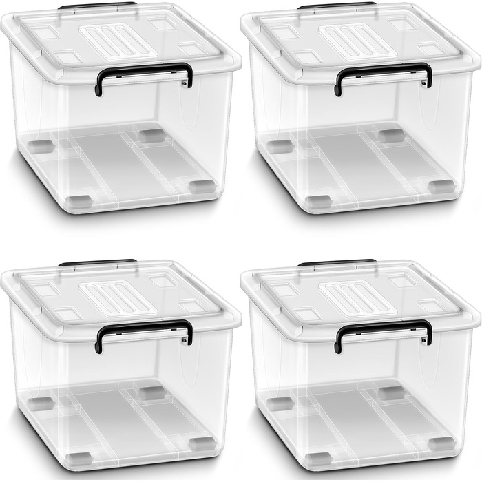 tillvex® Storage Boxes with Lid, 4-Piece Set - 13 Liters, Food Safe | Plastic Boxes Set Stackable | Storage Organization System Box Large | Storage Boxes Clothes Boxes 100% New Material