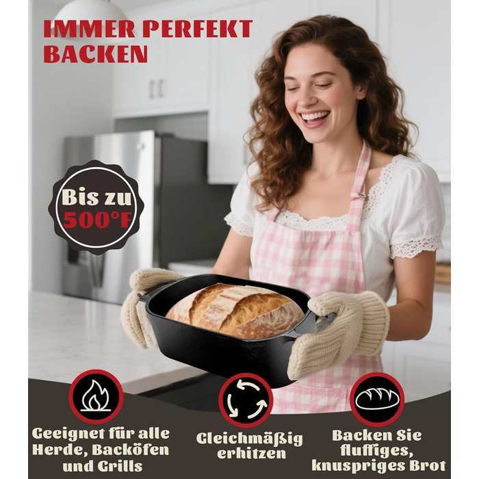 Чавунна форма для випічки хліба з кришкою та кошиком для бродіння – Dutch Oven 4.6л для хліба на заквасці – комплект для випікання, тушкування та смаження – для індукції та духовки