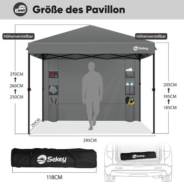 Sekey One-Touch Pop-Up Pavilion 3x3 Waterproof, Winter-Proof, Foldable 3x3m Pavilion with Thickened Tubes, Party Tent Pavilion for Camping, Festival, Party (Gray, with Back Wall)