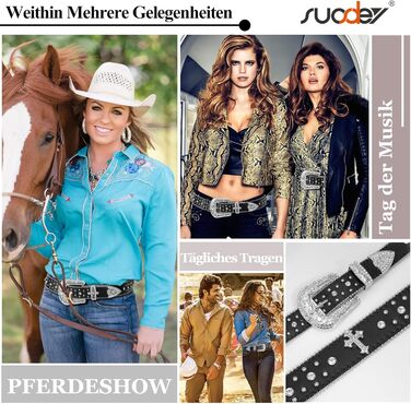 Чоловічий/Жіночий шкіряний ремінь SUOSDEY з стразами, декоративним хрестом, стиль ковбойський/вестерн, ширина 3.8 см, колір чорний/білий, довжина 115 см, підходить для талії 84-98 см