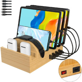 Багатофункціональна заряджна станція 5-в-1 з бездротовою зарядкою, світлом та годинником, бамбук, сумісна з годинниками, AirPods, Samsung Galaxy та іншими пристроями