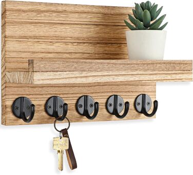 Lwenki Wall Key Holder, Decorative Key and Mail Holder with Shelf has large key hooks for bags, coats – PaulowniaWood Key Holder with Mounting Accessories (9.7 inches W x 7 inches (Burnt Wood))