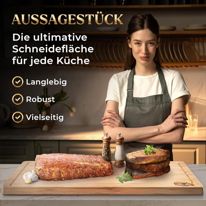 Дерев'яний обрізний стіл Deer & Oak XXXL 60x40x3.2 см - Преміум дерев'яний стіл для кухні, бамбуковий обрізний стіл 60 см, обрізні дошки для сервірування та нарізання - двосторонній, попередньо олійований, з жолобками для соку, бічні ручки