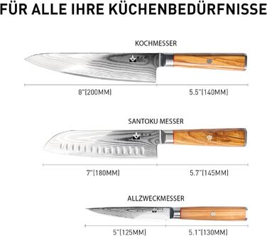 Набір ножів Fujuni з дамаської сталі 5 предметів з надзвичайно гострим лезом з 67 шарів VG-10, ручки з оливкового дерева, подарункова коробка
