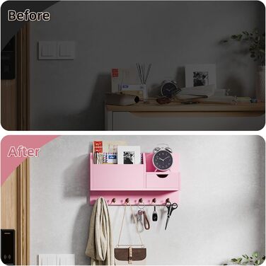 Настінна органайзер для ключів з 6 гачками та шухлядою, дерев'яний, для дому, офісу, прихожої (білий, рожевий)