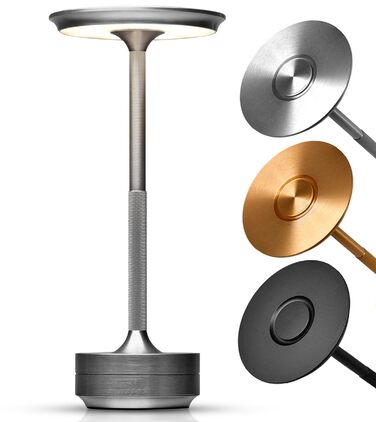 Світлодіодна настільна лампа ELYSIA з акумулятором, димується, бездротова, сенсорна, для дому та вулиці (IP54), тепле світло (2200K-2700K-3200K), USB-C, алюмінієва (срібна)