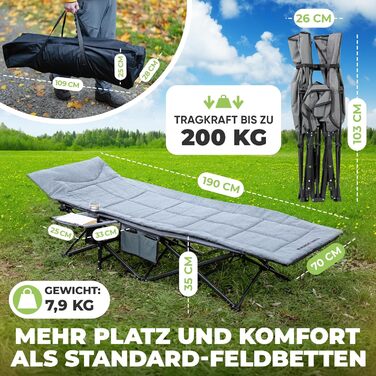 Кемпінгове ліжко NORDICTRAILS - XXL, комфортне, розкладне | Для відпочинку на природі, гостей, риболовлі | З м'яким матрацом (сірий)