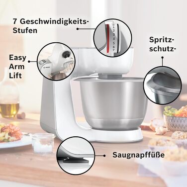 Кухонний комбайн Bosch Serie 4 MUM58W20, 1000 Вт, 3,9 л, міксер 1,25 л, планетарне змішування, насадки з нержавіючої сталі, білого/сріблястого кольору