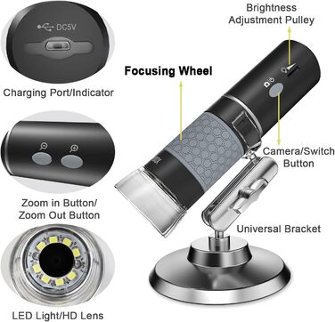 Цифровий мікроскоп Bysameyee 4K з бездротовим підключенням, 40x-1000x збільшення, USB ендоскоп для інспекції, сумісний з iPhone, iPad, Android, Windows, Mac, PC