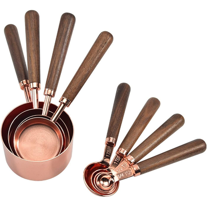 Measuring spoons, measuring spoons with walnut handle, copper-plated measuring spoons, measuring cup set, kitchen and baking utensils (Color: Gold, Size: Measuring cup, 4 pieces) (Color: Gold, Size: Measuring cup, 4 pieces)