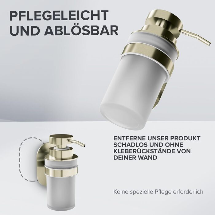 ovimar Soap Dispenser Sand | Gold | Wall Mounting without Drilling | Made of Stainless Steel and Modern Glass | Large Opening | Suitable for Bathroom or Kitchen | Also Suitable as a Hand Sanitizer Dispenser