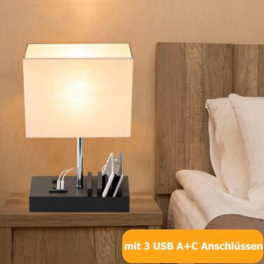Настільна лампа Dreamholder з 3 USB-портами (A+C), підставкою для телефону, для спальні, вітальні, офісу, з натуральним дерев'яним цоколем та тканинним абажуром (чорний цоколь)