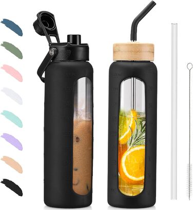 BLUEGO Glass Water Bottle 900ml Sport Water Bottle with 2 Lids and Straw Leak-Proof Glass Bottle with Time Marker and Measuring Scale BPA Free, Black