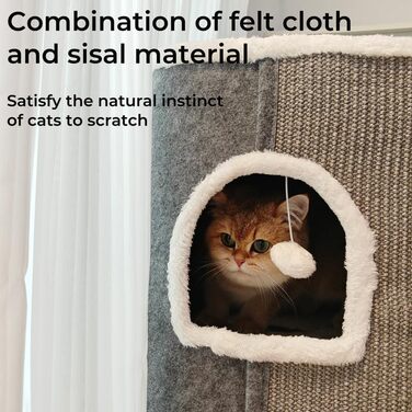 Spindro Cat Cave Cat Bed Large, Cat House Indoor Cat Sleeping Place with Removable Sherpa Cat Cushion and Hanging Toy, Cat Bed, Light Grey 42x42x33cm (4 level (42cmx32cmx84cm), Grey)