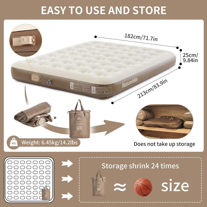 Надувний матрац Naturehike Luftbett 3 місця з насосом 200x180x25 см - для кемпінгу, дому, подорожей. Самонадувний, портативний, великий, коричневий