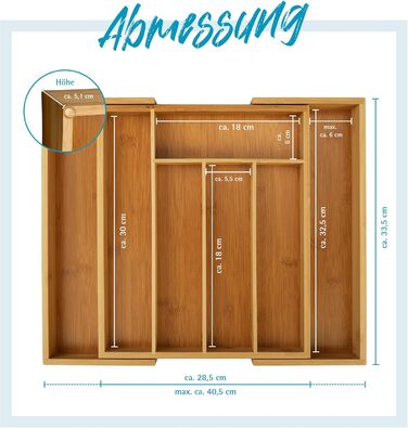 Органайзер для столових приборів Gräwe з бамбука для кухонних шухляд, змінний, розсувний 28.5-40.5 см, дерев'яний вигляд