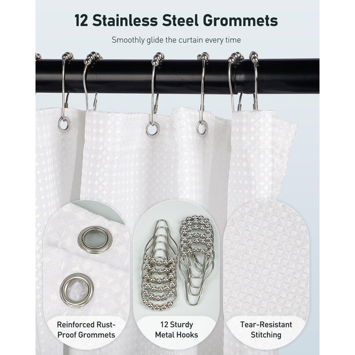 Шторка для душу Uniclife Біла, 180x180 см, вафельна текстура, водовідштовхувальна, 100% поліестер, з 12 нержавіючими люверсами, з 12 металевими гачками та обтяженим краєм, H183 x B183 см (1 шт.)