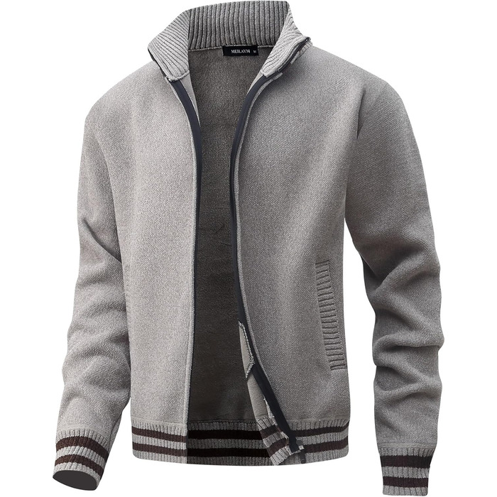 Чоловічий светр з кишенями та коміром-стійкою, флісовий підкладка, кардиган, повсякденний зимовий светр, теплий верхній одяг, куртка, великий розмір (Хакі, XXL)