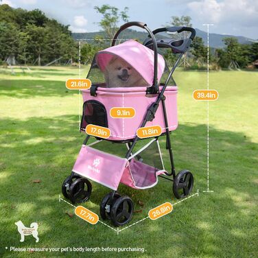 Візок для собак та дітей, складаний, рожевий. Pet Stroller з сітчастими віконцями та кошиком для зберігання. Підходить для маленьких та середніх собак.