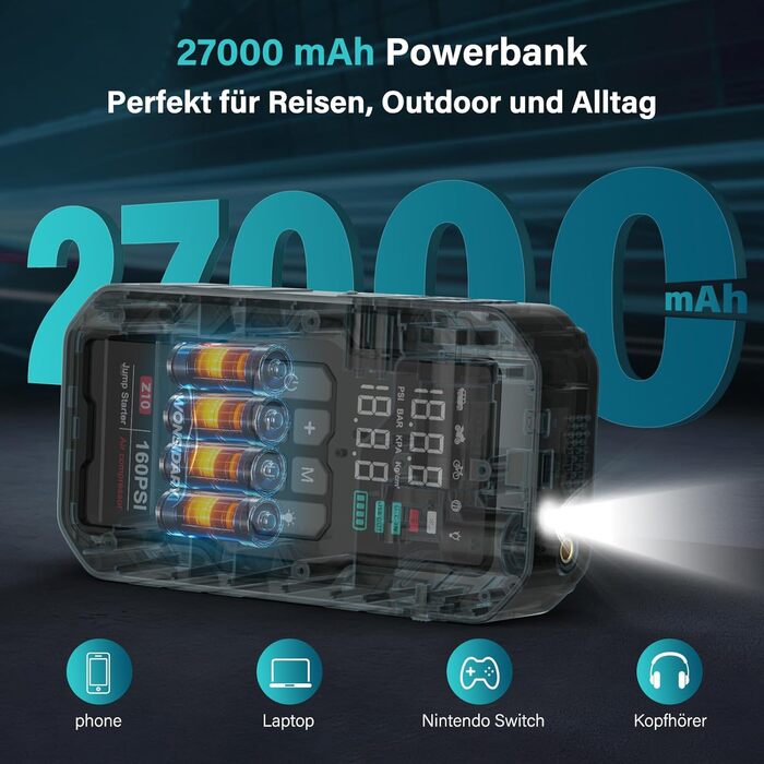 Powerbank для авто 27000 mAh з компресором 160 PSI, 12V, 8.0L, LED-ліхтарик, для бензинових та дизельних двигунів