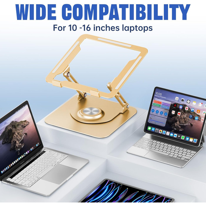 Adjustable Laptop Stand for Desk - 360° Rotating Base, Foldable & Portable - Fits 10-17 Inch Laptops (Gold)