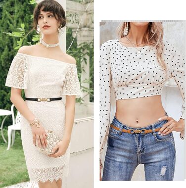 Жіночі тонкі ремені WHIPPY (2 шт) - чорний + коричневий, 105 см, для талії до 95 см. Тонкий шкіряний ремінь з металевою золотистою пряжкою. Підходить до суконь та іншого одягу.